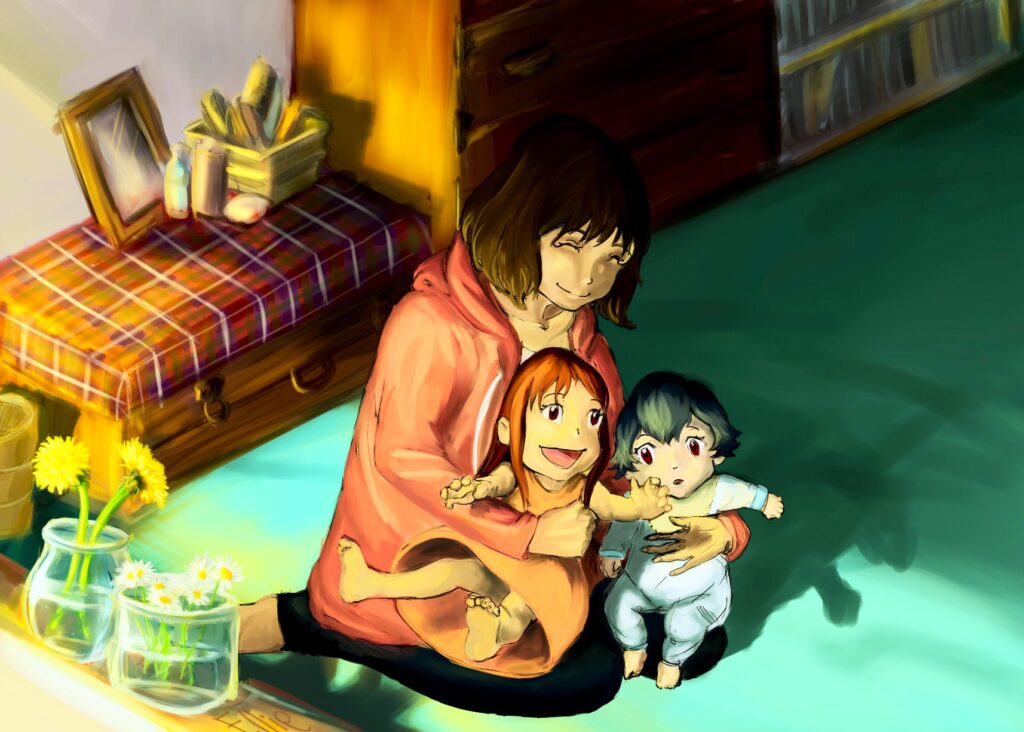 Hana from 'Wolf Children' (Ookami Kodomo no Ame to Yuki) holds onto her children in a